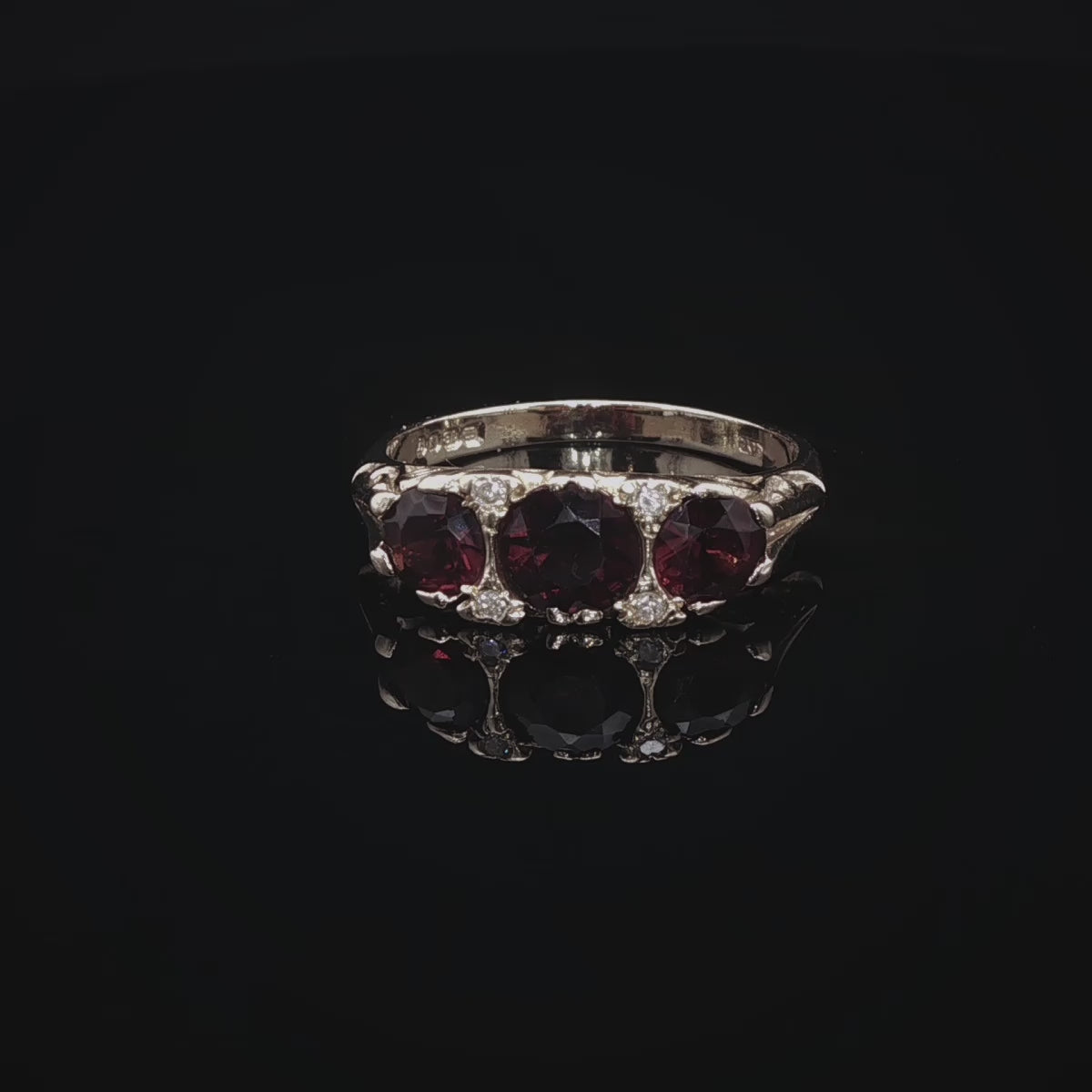 Antique 18ct Yellow Gold Seven Stone Garnet and Diamond Ring with Carved Gallery