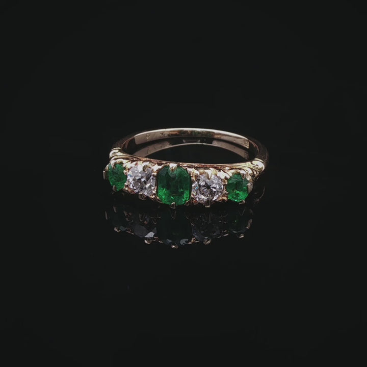 Victorian 18ct Gold Five Stone 0.50ct Emerald and 0.40ct Diamond Ring, Circa 1875