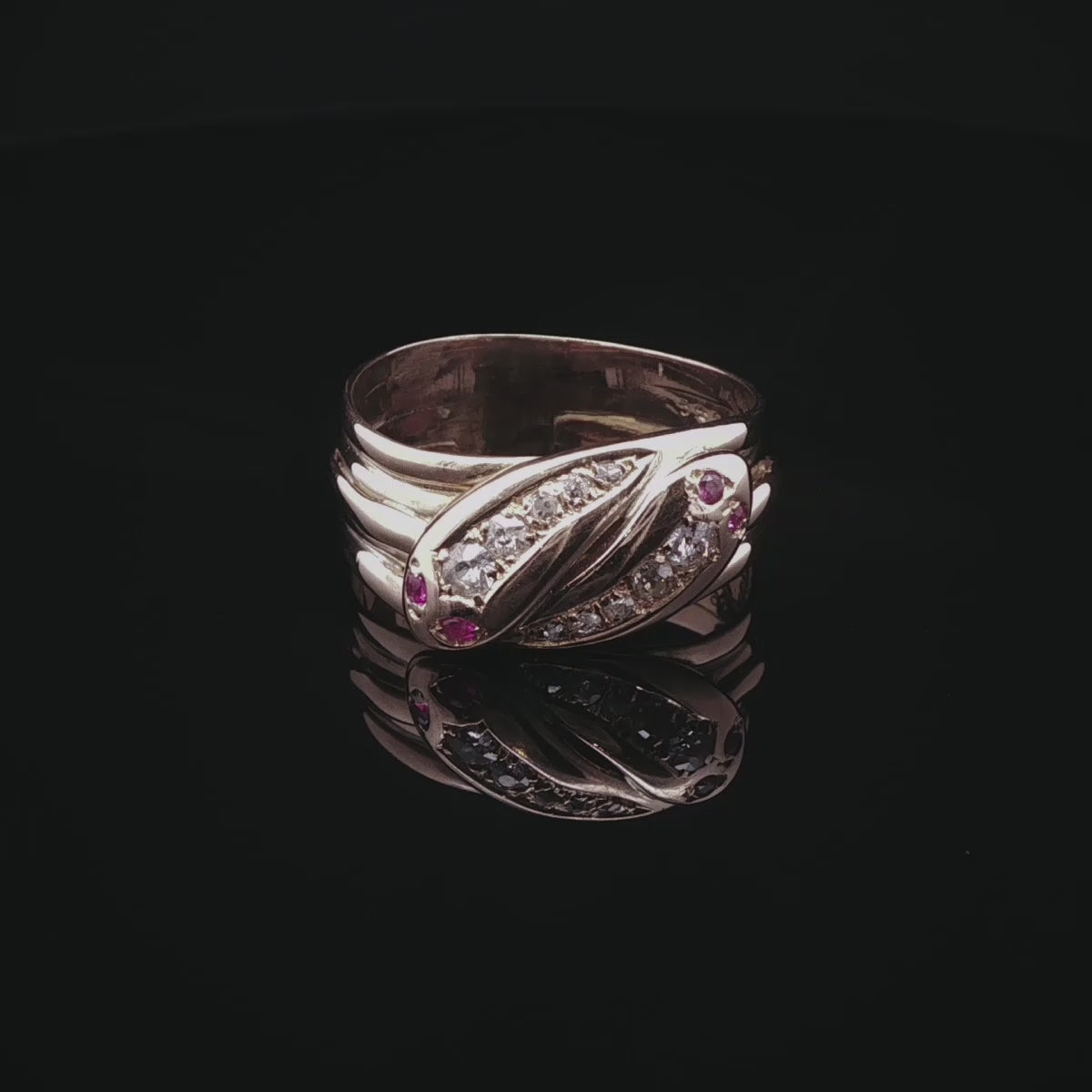 Antique Edwardian 18ct Gold Double Serpent Ruby and Old Cut Diamond Ring, Birmingham 1904
