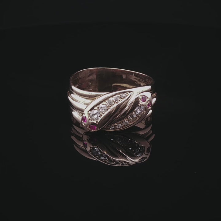 Antique Edwardian 18ct Gold Double Serpent Ruby and Old Cut Diamond Ring, Birmingham 1904