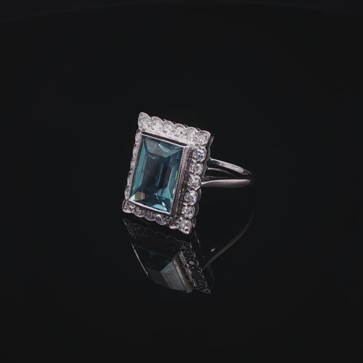 Vintage 18ct White Gold Blue Zircon and Brilliant Cut Diamond Cocktail Ring