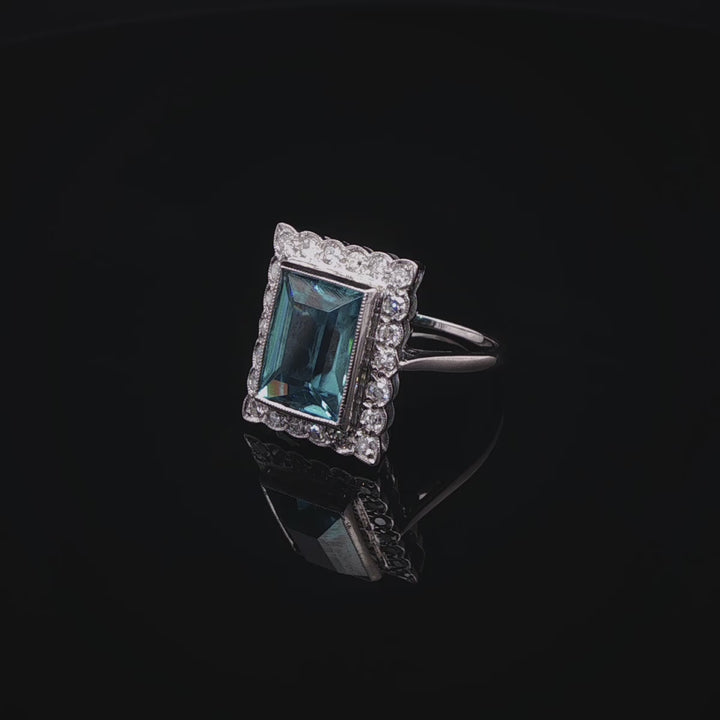 Vintage 18ct White Gold Blue Zircon and Brilliant Cut Diamond Cocktail Ring