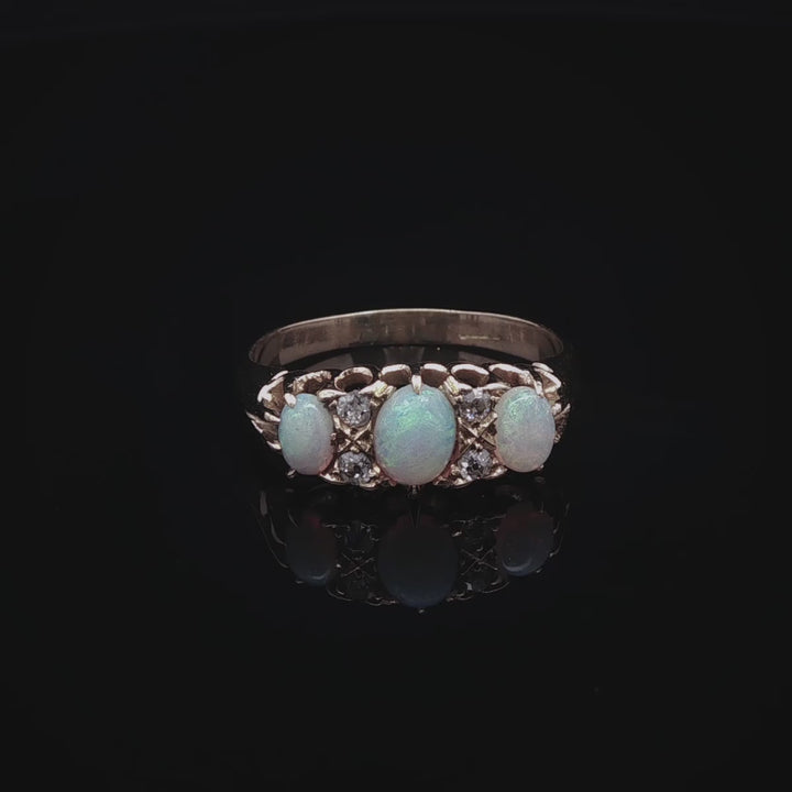 Antique 18ct Yellow Gold Opal and Old Cut Diamond Ring, Circa 1900