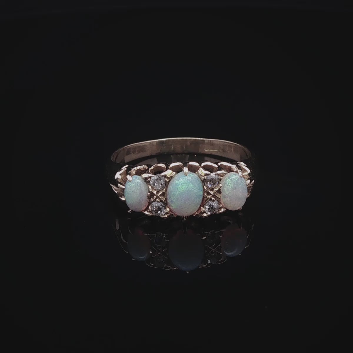 Antique 18ct Yellow Gold Opal and Old Cut Diamond Ring, Circa 1900