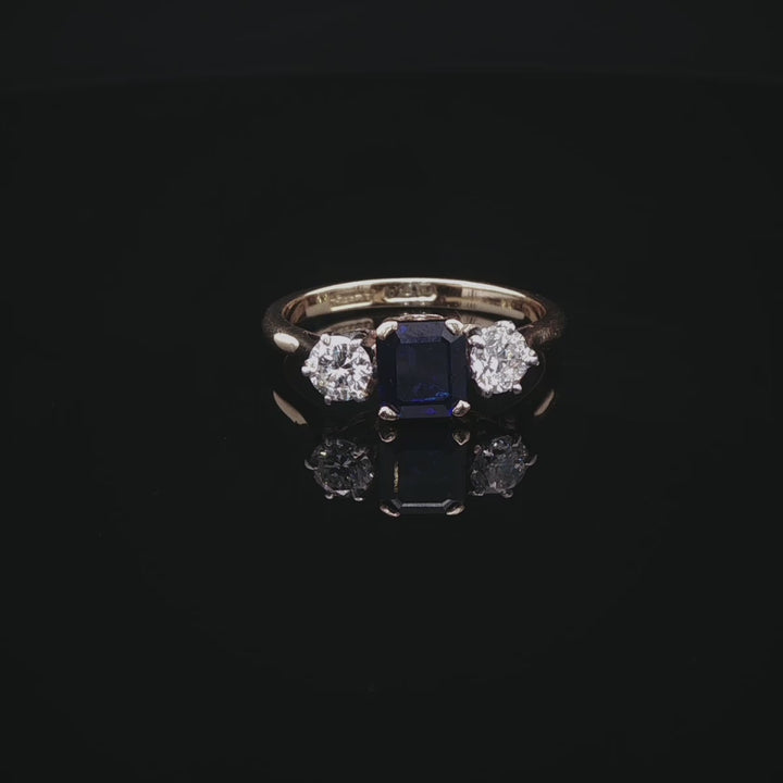18ct Gold and Platinum 0.77ct Square Cut Sapphire and 0.40ct Diamond Three Stone Ring