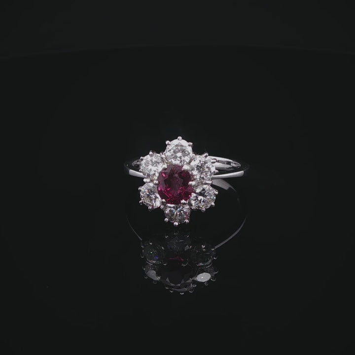 18ct White Gold 0.50ct Ruby and 1.20ct Diamond Cluster Ring, London 1975