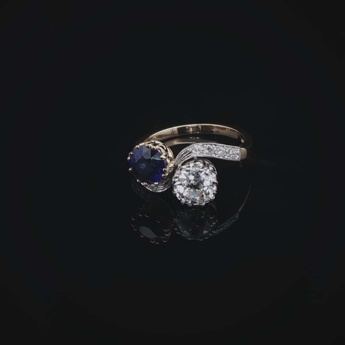 18ct Gold and Platinum 1.32ct Sapphire and 1.16ct Old Cut Diamond Toi et Moi Crossover Ring