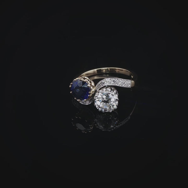 18ct Gold and Platinum 1.32ct Sapphire and 1.16ct Old Cut Diamond Toi et Moi Crossover Ring