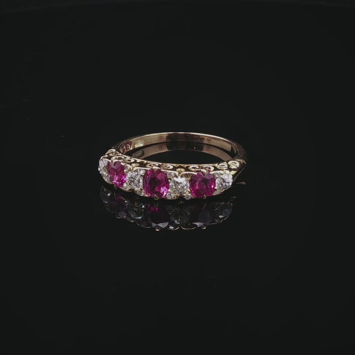 Antique Victorian 18ct Gold Seven Stone 0.50ct Ruby and Old Cut Diamond Ring, Circa 1870