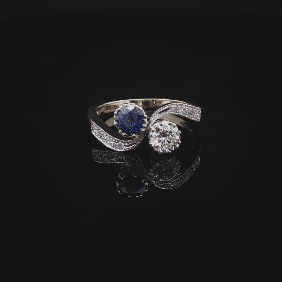 18ct Yellow Gold and Platinum 0.43ct Diamond and 0.64ct Sapphire Crossover Ring