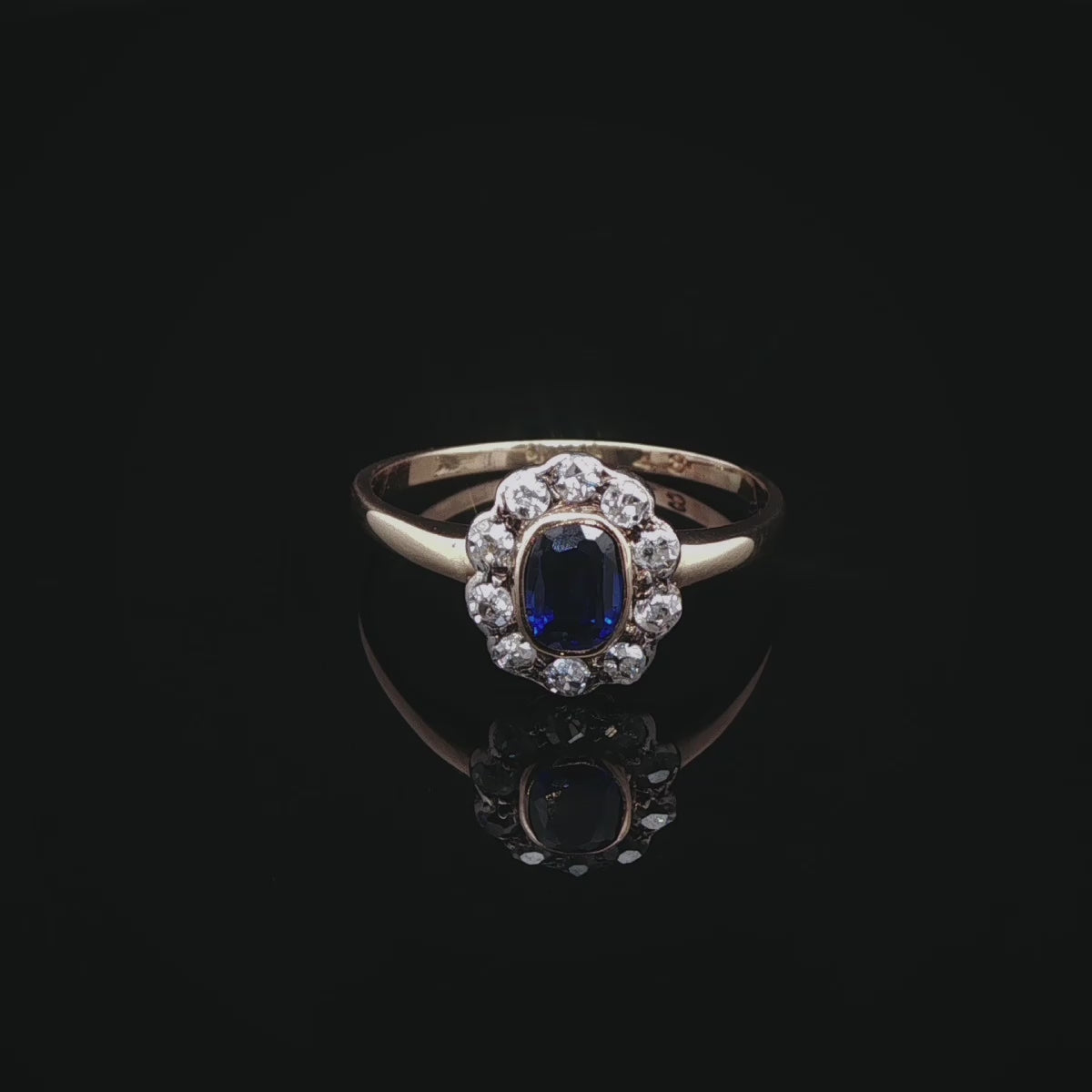Art Deco 18ct Gold Sapphire and 0.40ct Diamond Cluster Ring, Circa 1930
