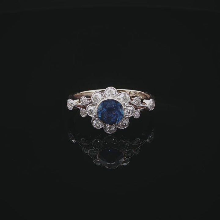 Antique Edwardian 18ct Gold 0.50ct Sapphire and 0.50ct Diamond Cluster Ring, Circa 1900