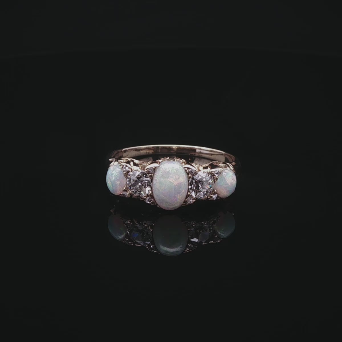 Victorian 18ct Gold Five Stone 1.01ct Opal and 0.45ct Old Cut Diamond Ring, Circa 1890