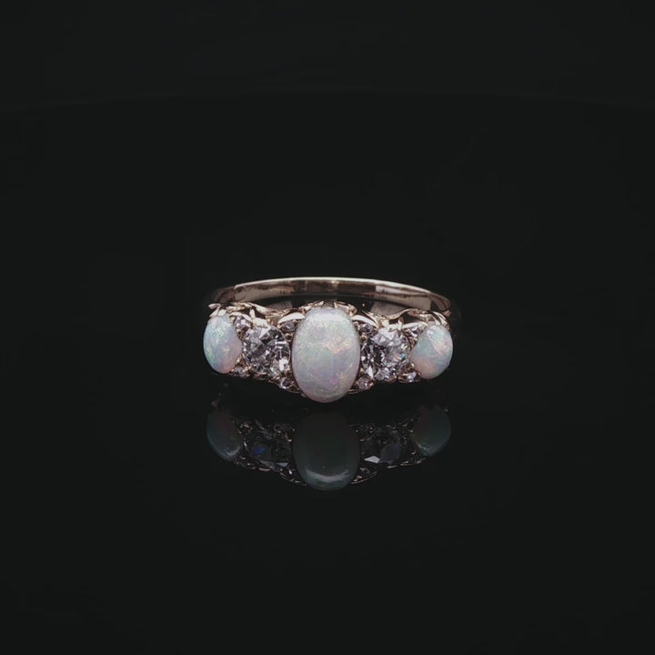Victorian 18ct Gold Five Stone 1.01ct Opal and 0.45ct Old Cut Diamond Ring, Circa 1890