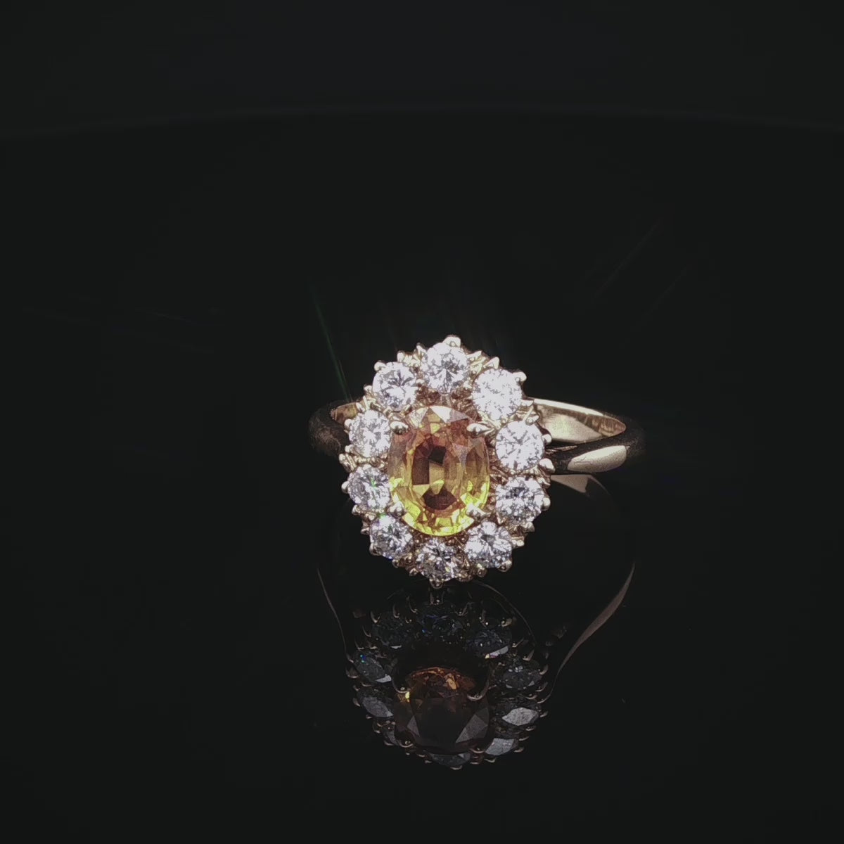 18ct Gold 0.95ct Yellow Sapphire and Brillinat Cut 0.66ct Diamond Cluster Ring, London 1988