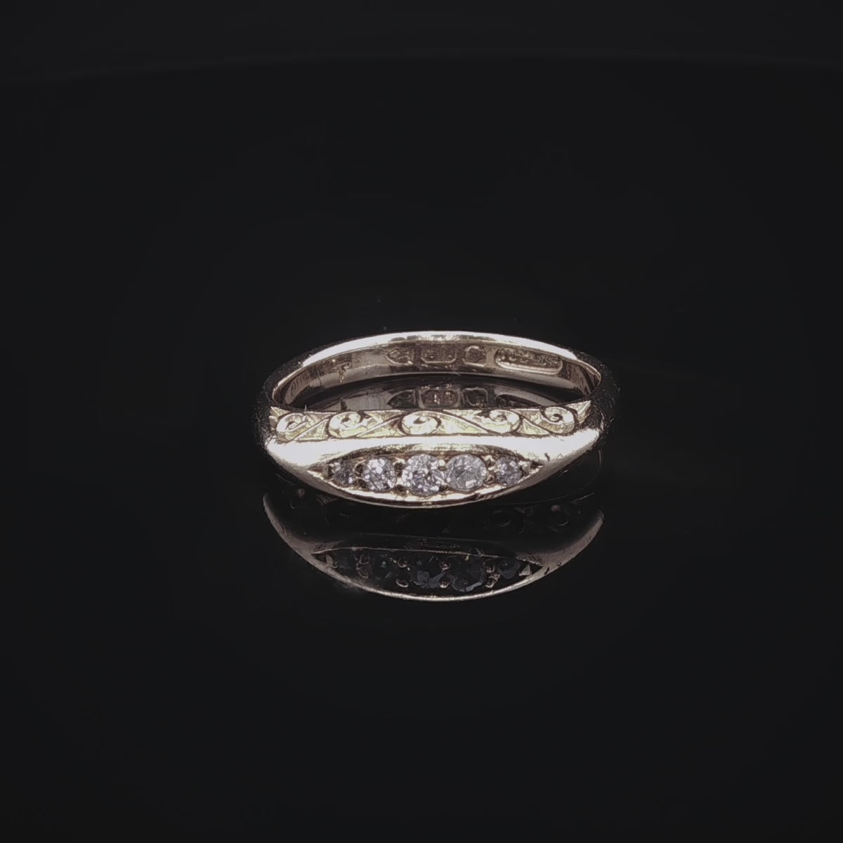 Antique 18ct Yellow Gold Five Stone Old Cut Diamond Ring with Carved Gallery