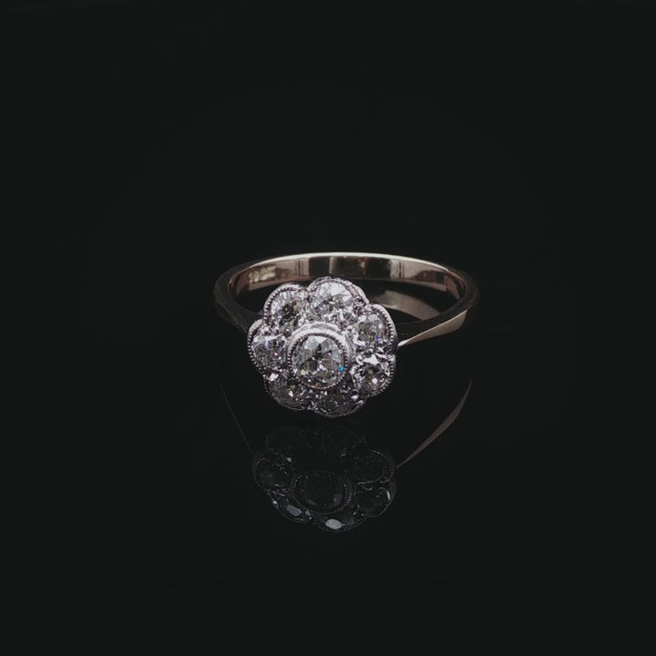 18ct Gold Old Cut 0.90ct Diamond Cluster Ring, Circa 1980