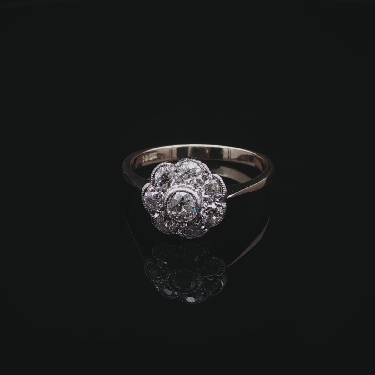 18ct Gold Old Cut 0.90ct Diamond Cluster Ring, Circa 1980