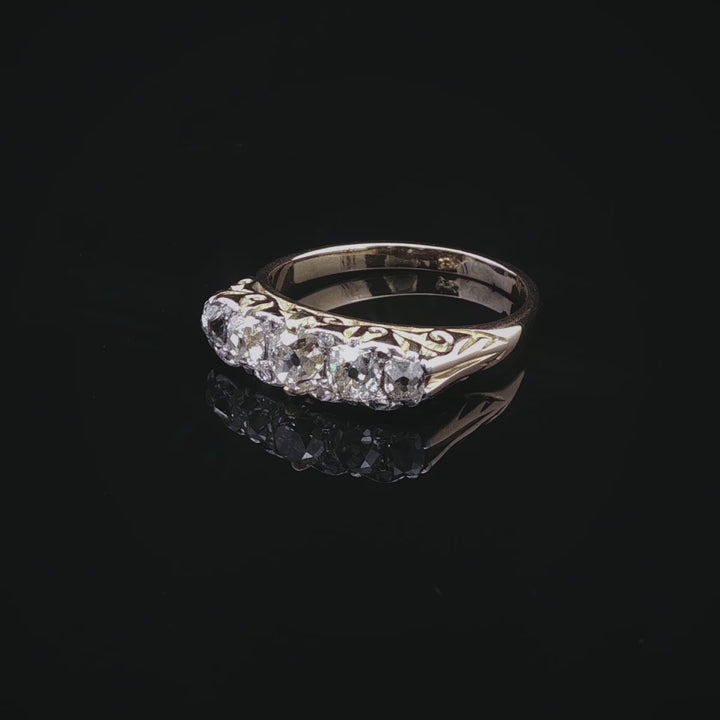 Antique Victorian 18ct Gold Carved Half Hoop Five Old Cut 0.95ct Diamond Ring, Circa 1870