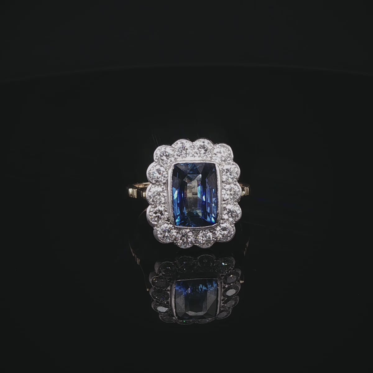 18ct Gold and Platinum Rectangular 2.45ct Sapphire and 1.40ct Diamond Cluster Ring