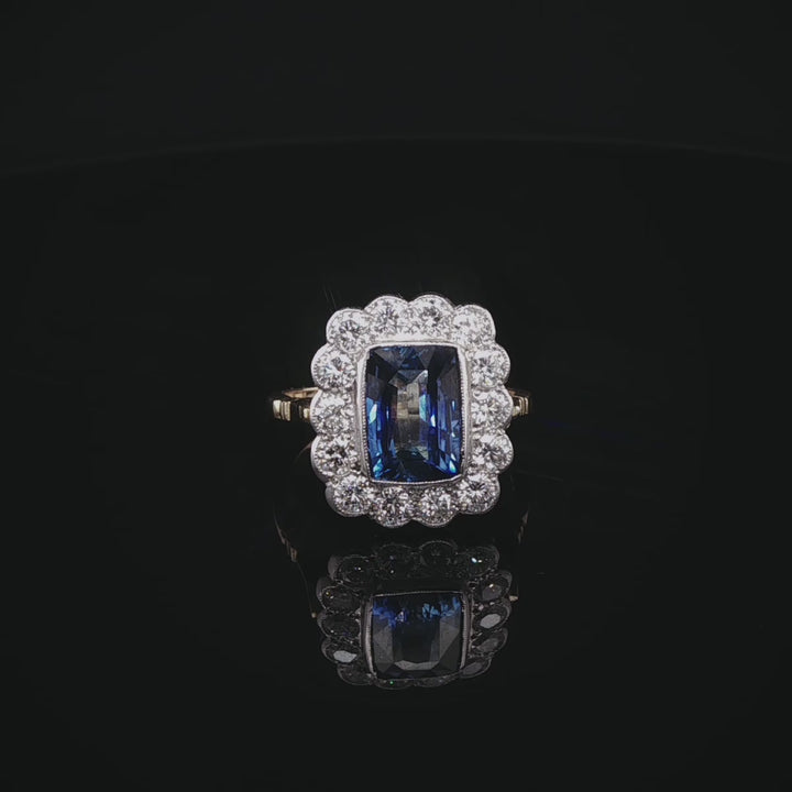18ct Gold and Platinum Rectangular 2.45ct Sapphire and 1.40ct Diamond Cluster Ring