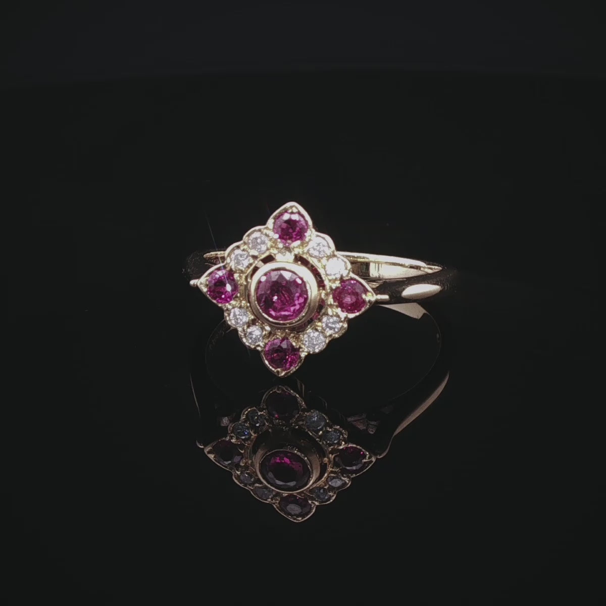 18ct Gold Ruby and Diamond Square Cluster Ring, London1989