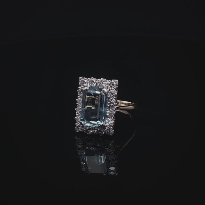 Vintage 18ct Gold Emerald Cut Aquamarine and Diamond Cocktail Ring