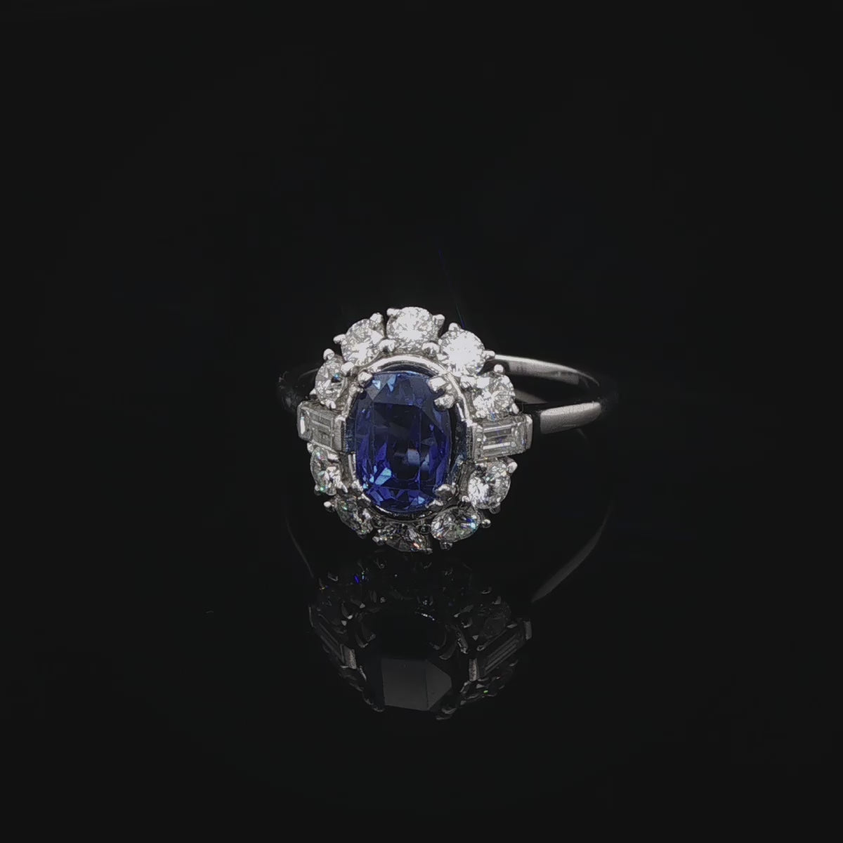 Vintage Platinum 0.50ct Sapphire and 0.60ct Diamond Cluster Ring