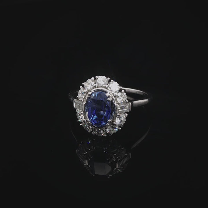 Vintage Platinum 0.50ct Sapphire and 0.60ct Diamond Cluster Ring