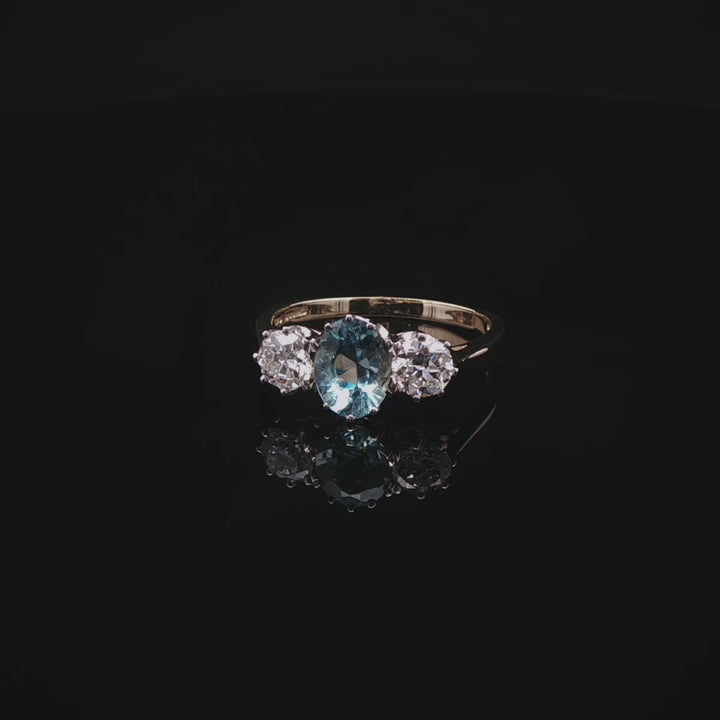 18ct Gold and Platinum 0.93ct Aquamarine and 0.75ct Old Cut Diamond Three Stone Ring