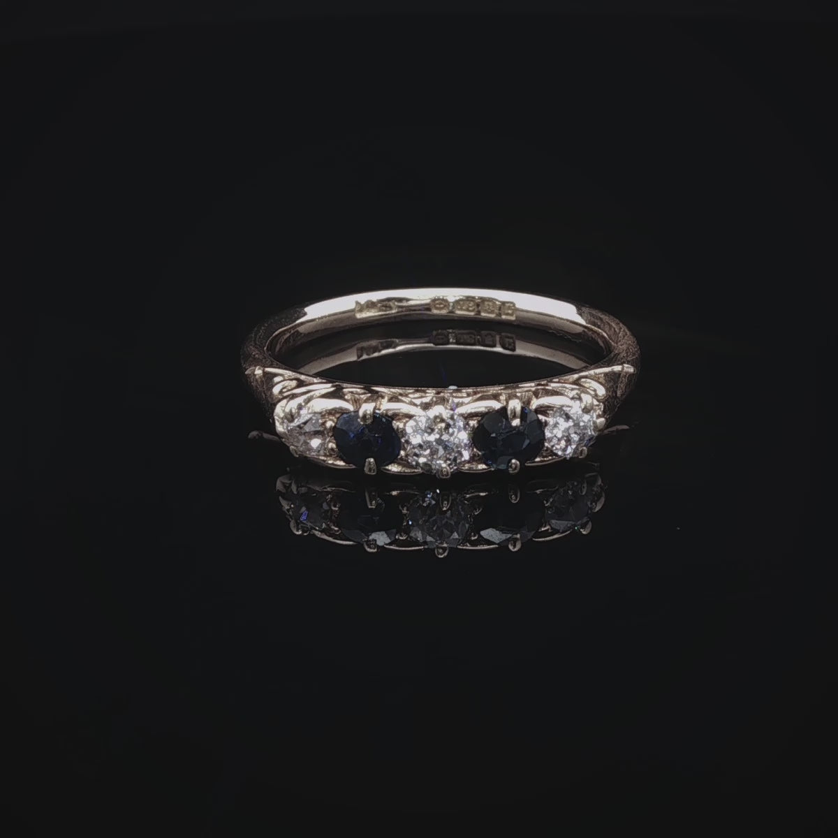 Antique 18ct Gold Five Stone Sapphire and Old Cut Diamond Ring with Carved Gallery