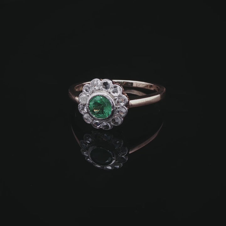Vintage 18ct Gold Emerald and 0.60ct Diamond Cluster Ring, Circa 1950
