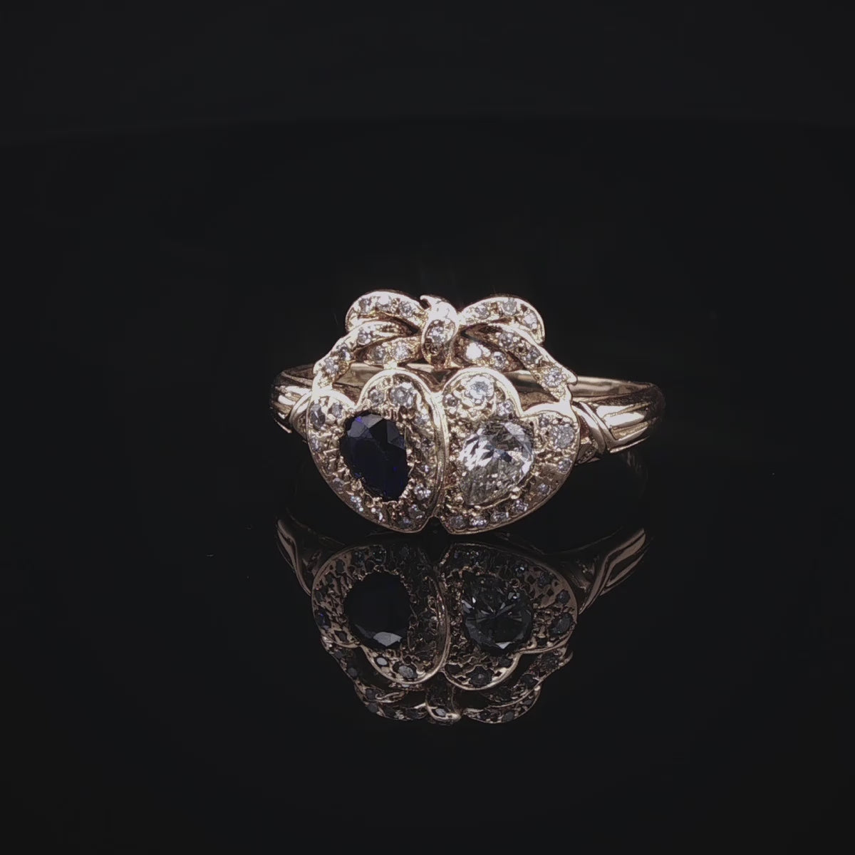 Vintage 18ct Yellow Gold 0.25ct Sapphire and 0.50ct Diamond Double Heart Ring