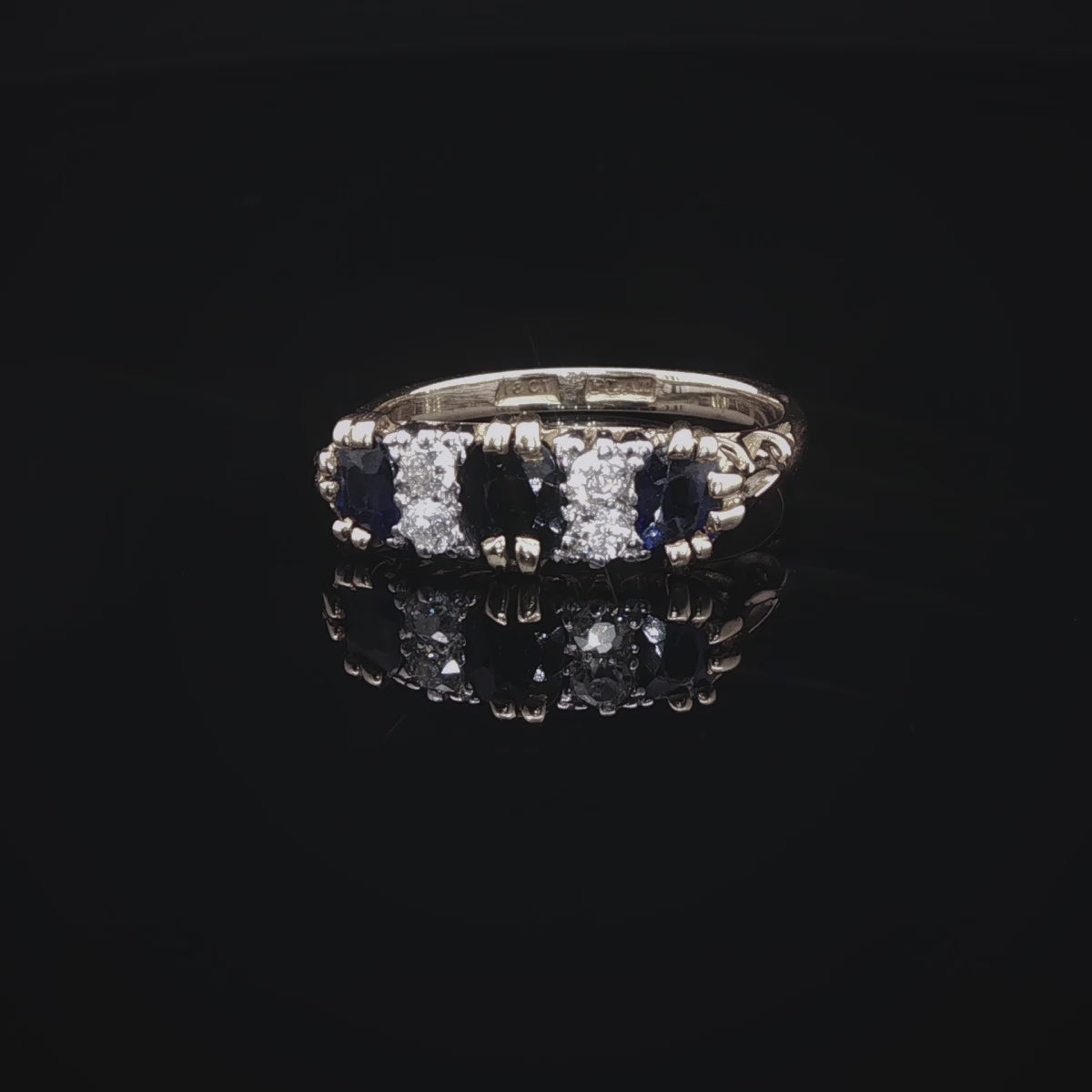 Vintage 18ct Gold and Platinum Seven Stone Sapphire and Diamond Ring with Carved Gallery