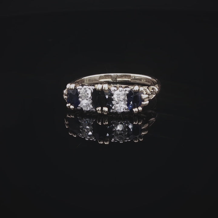 Vintage 18ct Gold and Platinum Seven Stone Sapphire and Diamond Ring with Carved Gallery