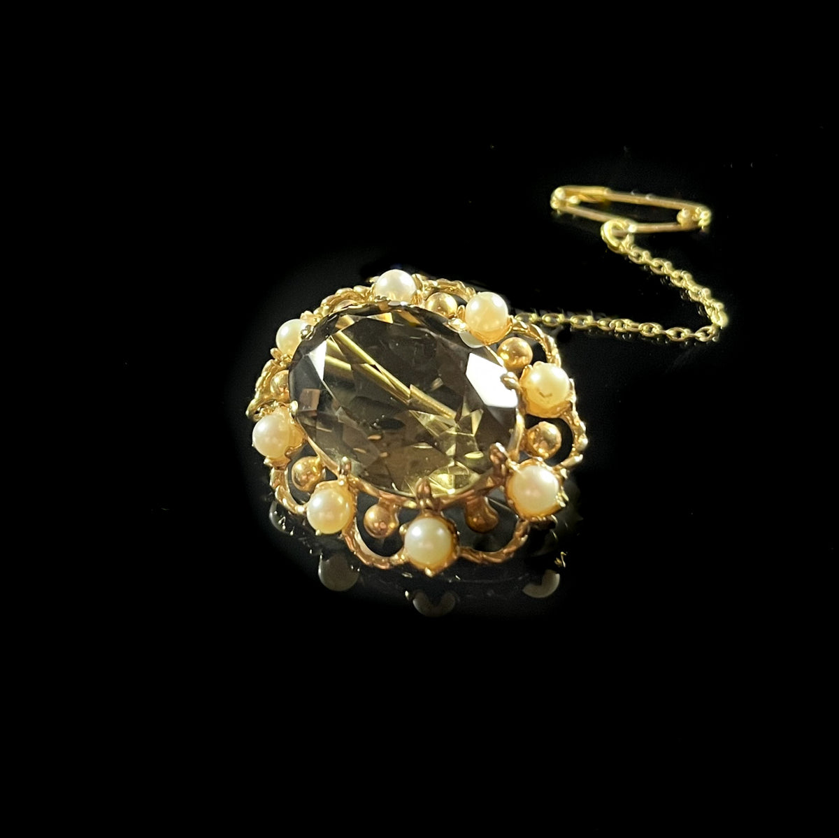 9ct Gold Smokey Quartz and Pearl Brooch