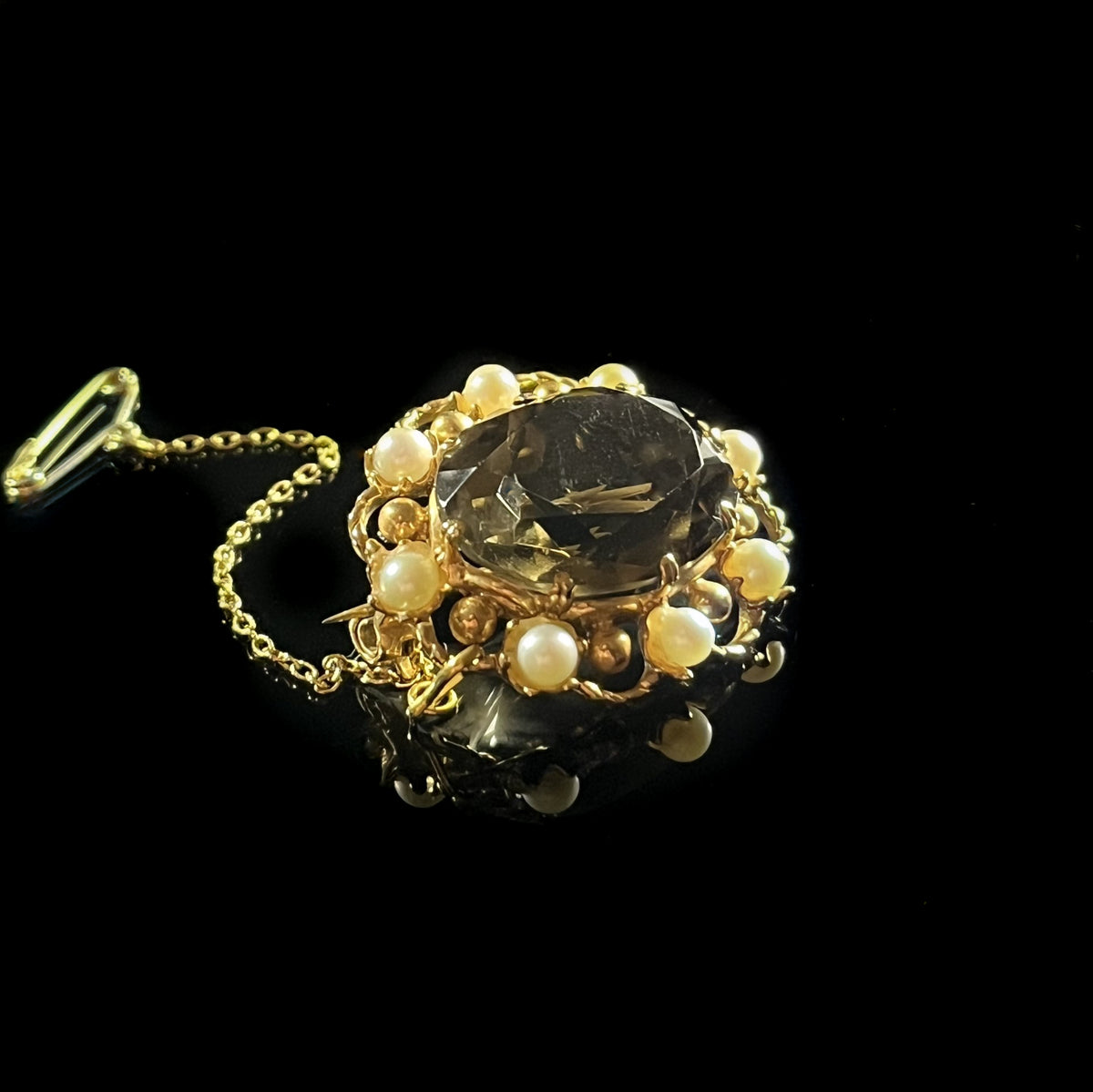 9ct Gold Smokey Quartz and Pearl Brooch