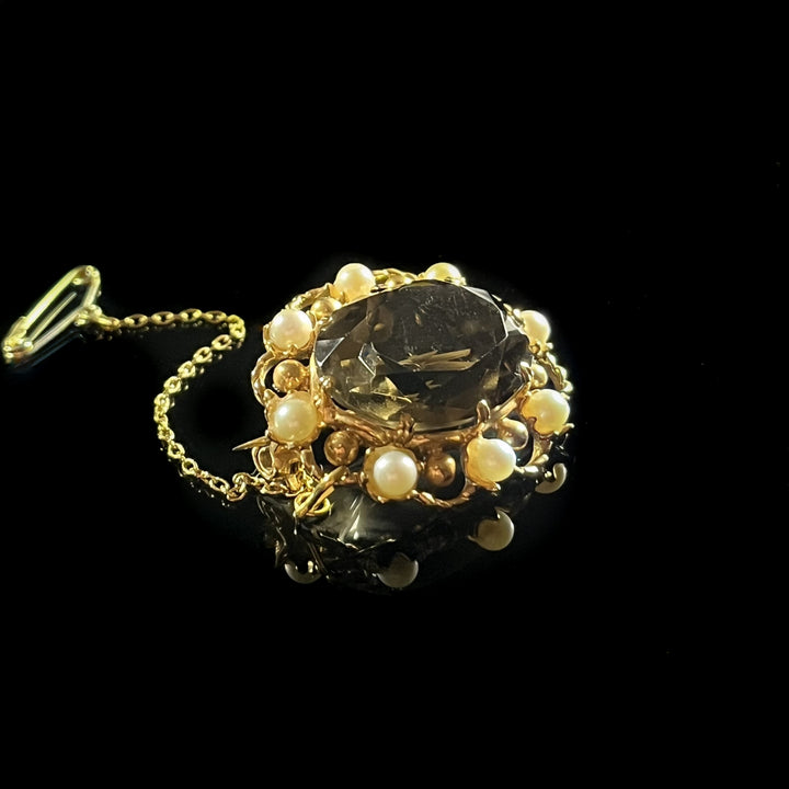 9ct Gold Smokey Quartz and Pearl Brooch